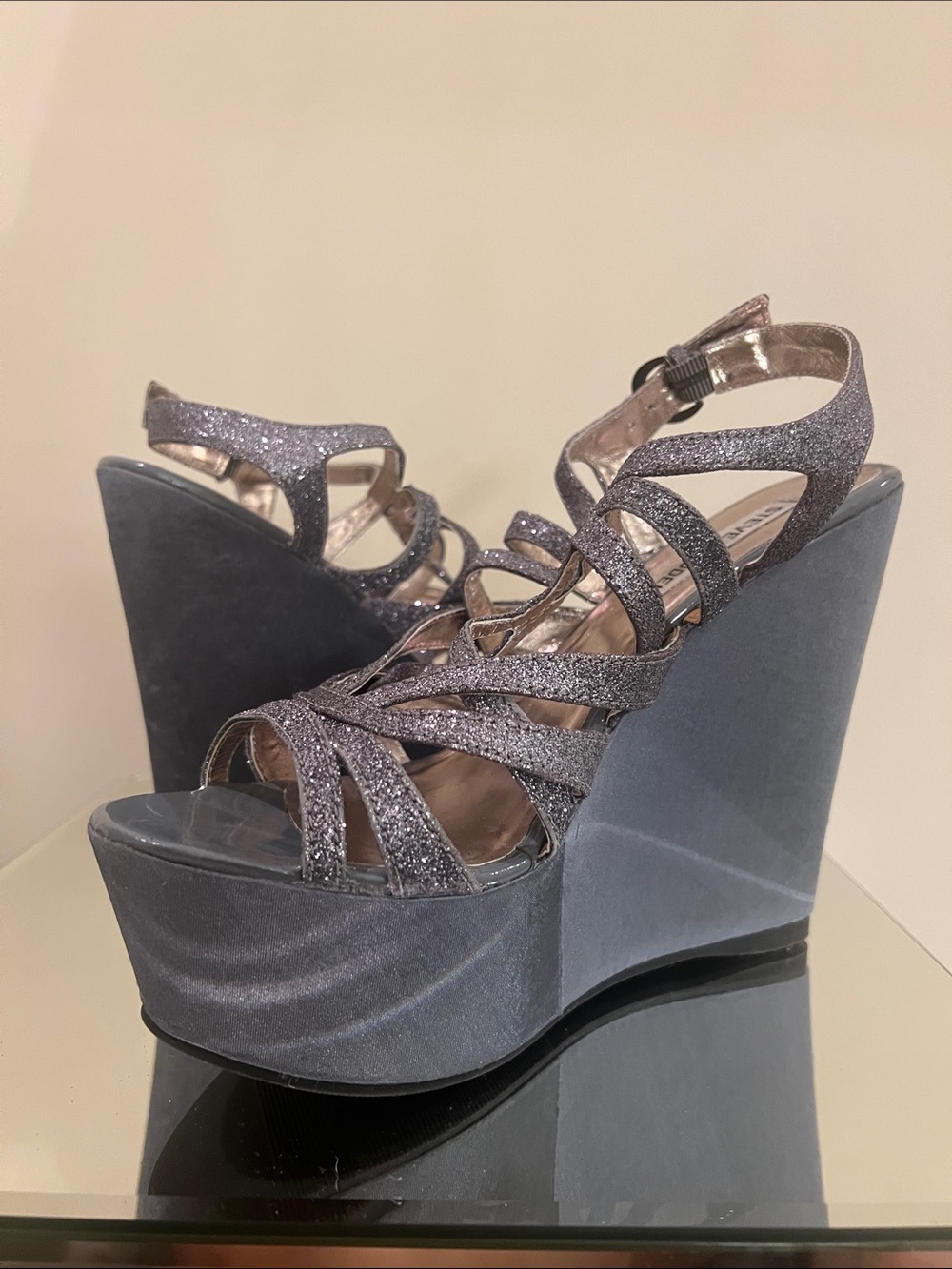 Steve Madden Silver Glitter Strappy Platform Wedges